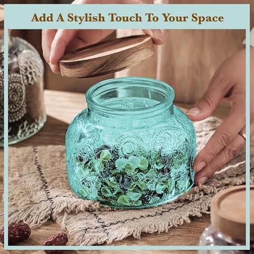 Decorative Blue Embossed Glass Jar with Airtight Wooden Lid, 25.4 fl. oz | Wide mouth vintage storage canister, kitchen pantry bathroom organization, coffee sugar tea cookie candy candle vase gift