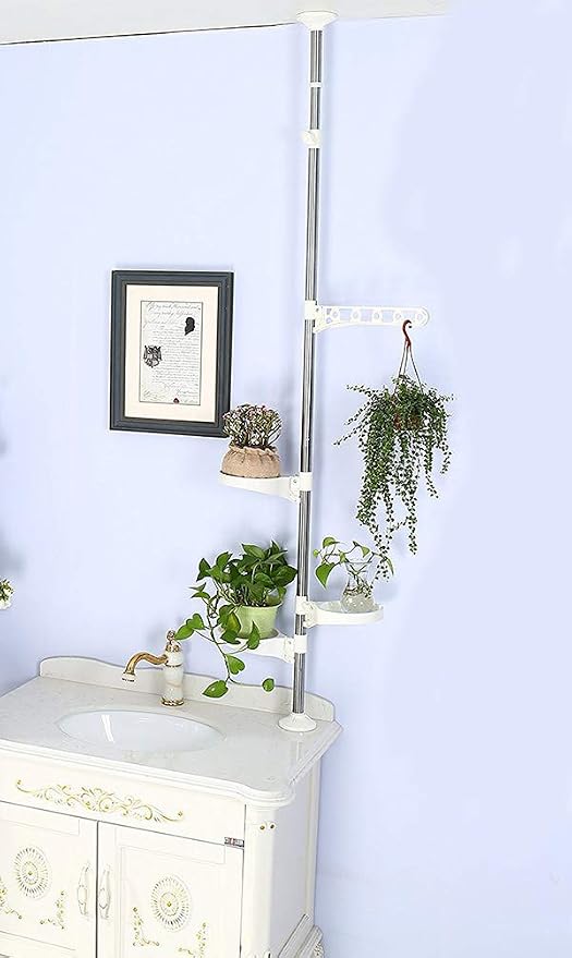 BAOYOUNI Plant Stand Tension Rod, 3 Trays&1 Arm Adjustable Ivory | Window Sill Flower Display Rack, Vertical 4-Tier Corner Storage，Indoor Pole Hanger for Counter Top & Home Decor
