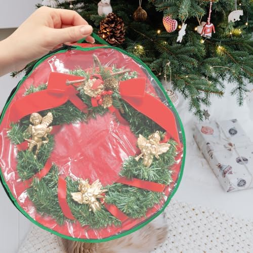 Toddmomy Red Christmas Wreath Storage Bag, Pet PVC Holder Round Window | Waterproof Sturdy Packing Bag, Holiday Party Decor Storage, View