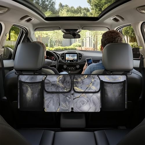 Dreaweet Grey Marble Print Trunk Organizer for Car Collapsible Car Trunk Storage Organizer with 4 Pockets Backseat Hanging Organizer for SUV Truck Minivan Car Storage Accessories Interior