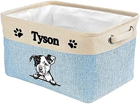 Personalized Fabric Dog Toy Storage Basket with Cute Dog Pit Bull Collapsible Sturdy Fabric Pet Toys Storage Bin Cube with Handles for Organizing, Blue amd White