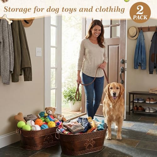 Zonon 2 Pack Metal Dog Toy Baskets, Large Dog Toy Bin with Handles | Copper Dog Toy Box, Durable Galvanized Steel Pet Toy Storage Box for Dog Blankets Leashes Storage Living Room Area (21 Quart)