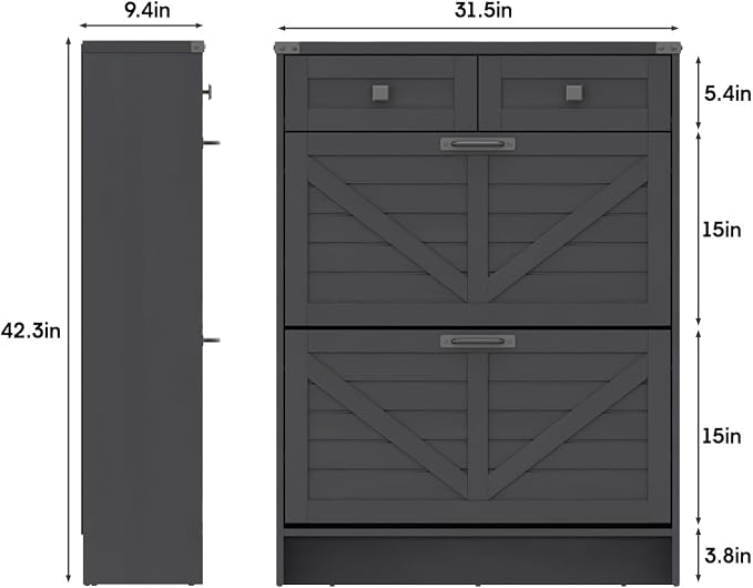 Halitaa Shoe Cabinet with 2 Flip Drawers & 2 Drawers,Farmhouse Shoe Storage Cabinet for Entryway,Slim Freestanding Narrow Organizer Rack for Front Door Entrance,Black
