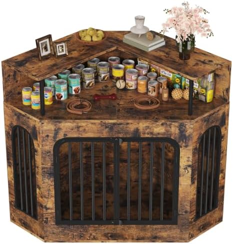 kepptory 46" Corner Dog Crate Furniture, Space Saving Wooden Dog Kennel with TV Stand & Side Table, 200 lbs Weight Capacity, Pet Cage with Secure Lock, Easy Assembly Indoor Crate