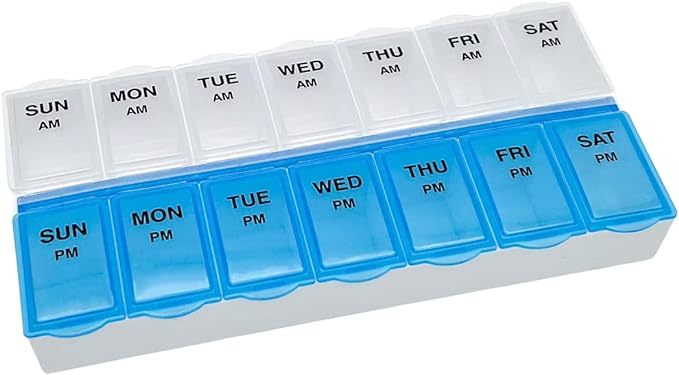 Amazon Basic Care 7-Day AM/PM Pill Organizer, Medication Planner with Large Compartments for Tablets, Blue and Clear Lids
