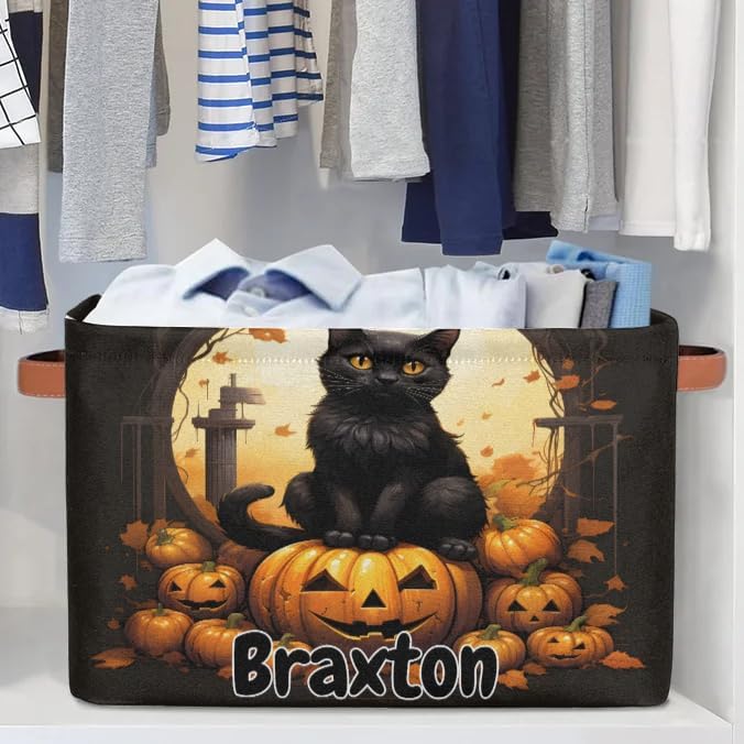 Custom Rectangular Baby Storage Basket, Kids Toys Bin, Books Shelf Basket, Clothes Towel Storage Bin for Nursery, Gift Basket, Pet Basket, Halloween Cat Pumpkins Maple Leaves