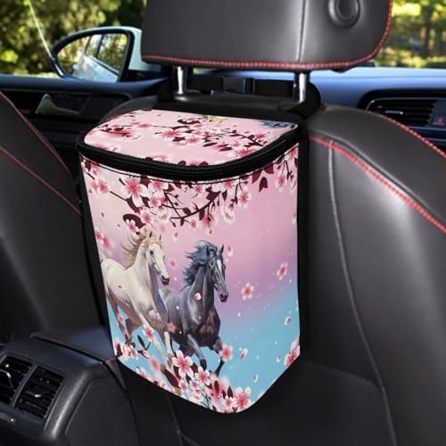 DISNIMO Floral Horse Auto Garbage Bin for Front Back Seat, Hanging Collapsible Trash Bag Waterproof Waste Basket, Car Accessories Decoration