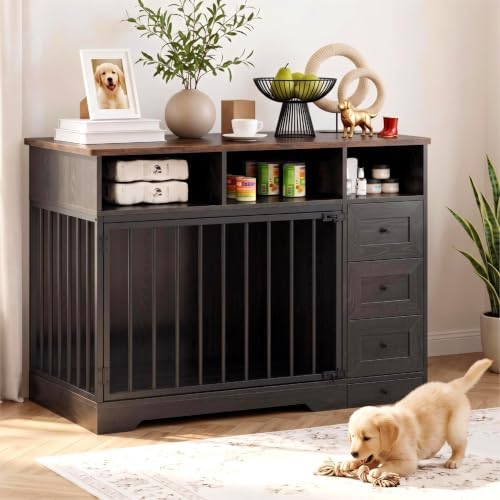 IDEALHOUSE 48'' Dog Crate Furniture with Bowl & Storage Drawers, Farmhouse Heavy Duty Dog Kennel Table for Small Medium Dogs, Indoor Wooden Dog Cage for Living Room, Entryway, Black