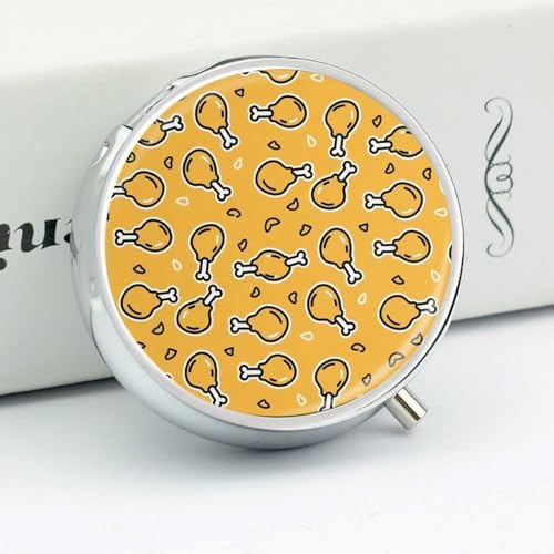 Pill Case with Mirror Crispy Fried Chicken Round 3 Compartment, Portable Pill Box for Purse Travel Medication