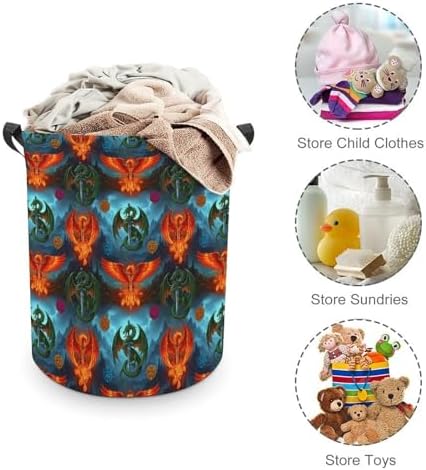 Collapsible Laundry Hamper with Handles Flame Dragon Phoenix Western Myth, Large Waterproof Clothes Basket for Bedroom, Bathroom, and Toy Storage Organization
