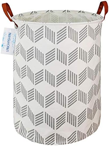 Round Laundry Basket Collapsible Storage Hamper Organizer Gery Wave | Waterproof Canvas Foldable Baskets with sturdy Handles Multi-scene Organizer for Home Play Bedroom Gift Bin