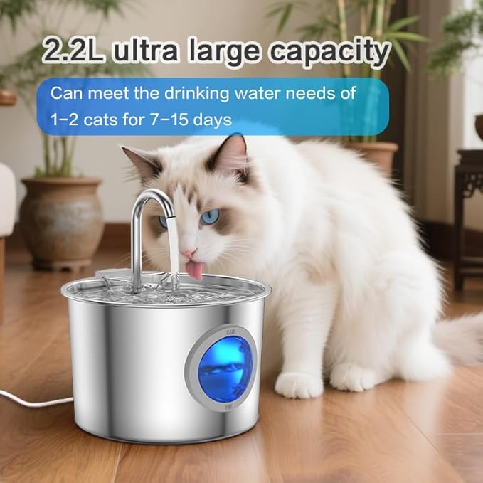2.2L Stainless Steel Cat Fountain Ultra-Quiet (Under 25dB) & LED Water Level Window, 3-Stage Filtered Flowing Water for Cats, Easy-Clean, Perfect for Indoor Cats, Silver(74oz Cat Fountain + 6 Filters)
