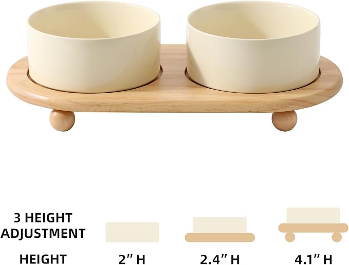 Havniva Raised Cat Bowl, 6.1” Elevated Ceramic Cat Food and Water Bowl Set | Cat Bowls Elevated, Whisker Friendly Cat Bowl, Non-Slip Wood Stand, Food-Grade Ceramic, Wide Opening, Dishwasher Safe