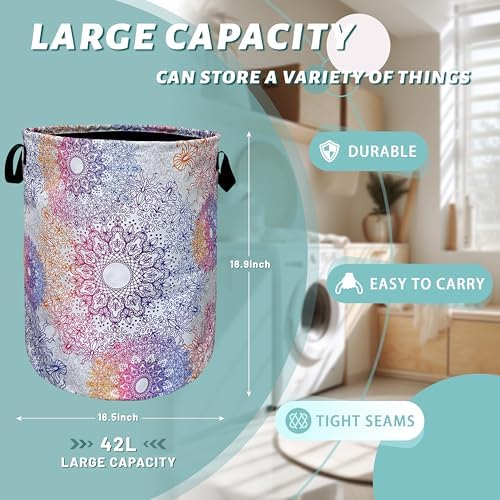 Colorful Mandala Laundry Basket Foldable Oxford Cloth Hamper 18.9"x16.5"