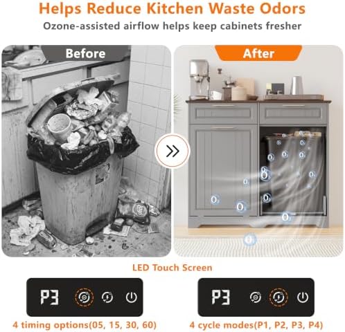 Double 10 Gallon Tilt Out Trash Can Cabinet with Deodorizing Function, Wooden Hidden Garbage Can Holder with Storage Drawers for Kitchen and Dining Room, Laundry Hamper Cabinet for Bathroom, Grey