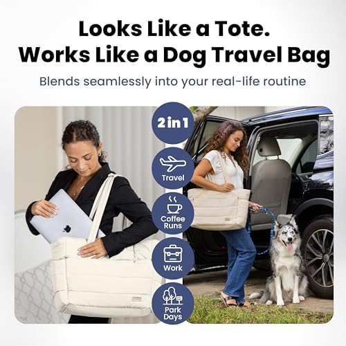 Rubyloo Dog Mom Bundle - Puffer Tote with Storage Containers (Beige) and Foldable Travel Bed (Pink Horizon) - Travel Bag and Cozy Mat Set