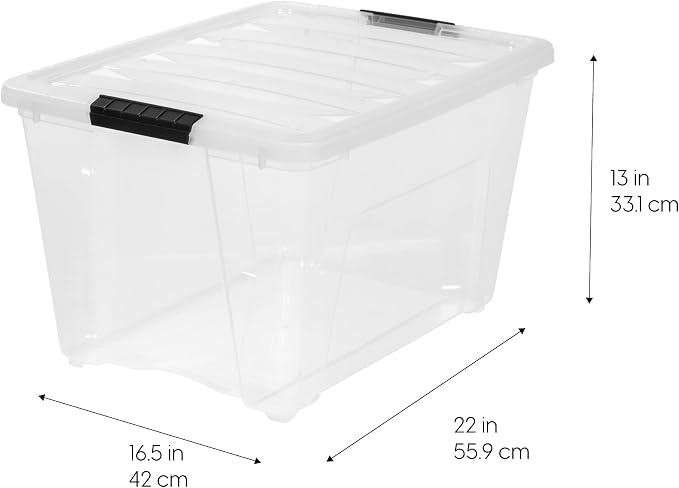 IRIS USA 4-Pack 54 Quart Storage Bins with Lids, Clear | Transparent design makes contents easy to find. Perfect for moving, blankets, clothing, and garage storage. Nestable design