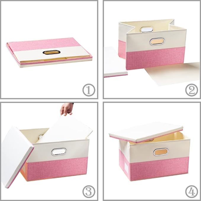 Collapsible Storage Bin with Lid [3-Pack] Fabric Foldable Storage Box Organizer Container Basket Cube with Cover for Home Bedroom Closet Office Nursery Pink&Cream(14.9x9.8x9.8)