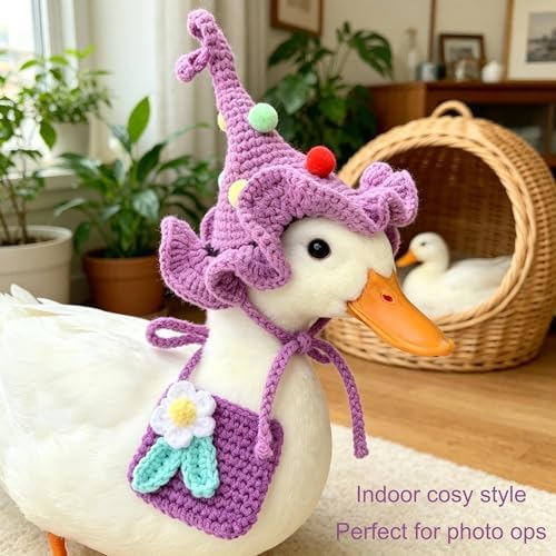 Handmade Crochet Hat & Bib Set for Call Duck - Soft Adjustable Knit Outfit with Flower Decoration, Cute Clothes for Pet Duck, Photo Prop & Daily Wear, Purple
