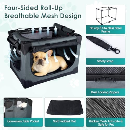 24 Inch Collapsible Soft Dog Crate for Small Dogs, Travel Dog Crate Grey | Portable Dog Crate Soft Sided, 4-sided Mesh Vents, Foldable with Storage Bag, Fit Small Dogs & Large Cats, Indoor/Outdoor