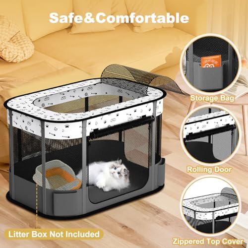 Portable Cat Playpen, 8-Rod Reinforced Kitten Dog Puppy Playpens, Foldable Play Pen for Indoor Cats Enclosed Pet Kitty Doggy Outdoor, Collapsible Tent Kennel Cage Corral