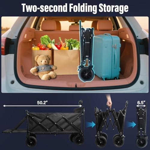 Collapsible Wagon Cart, Folding Cart with 600LBS Capacity, Black | All-Terrain Wheels & Built-In Brakes, Heavy Duty Utility Wagon for Grocery Camping Garden Shopping Sports