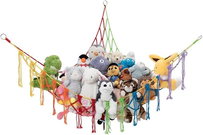 Stuffed Animal Storage Macrame Hammock, Large - Boho Room Decor Toy Storage - Corner Hanging Plushie Stuffed Animal Net Organizer (Rainbow)