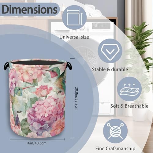 Hummingbird Laundry Hamper,Pink Flower Floral Dirty Clothes Laundry Basket with Handles Waterproof Oxford Cloth Storage Basket for College Dorms Bathroom Bedroom 16" x 20.8"