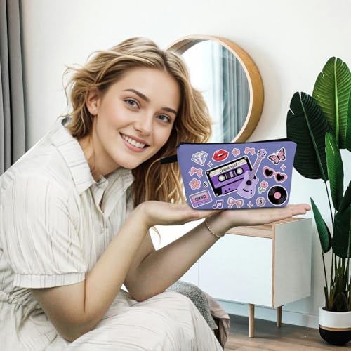 Retro Y2K Music Print Small Cosmetic Bag | Pet Grooming Toiletry Makeup Purse, Cute Organizer Zipper Pouch, Pet Grooming Birthday Present for Women Friends
