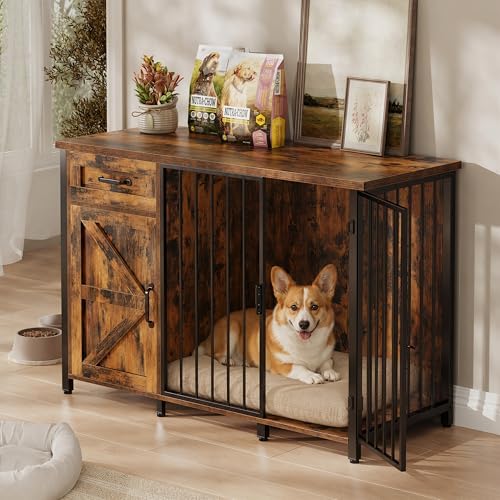 kepptory 30 Inch Dog Crate Furniture with Cabinet, Heavy Duty Farmhouse Dog Kennel with Charging Station, Wooden End Table TV Stand with 900 LBS Capacity and Adustable Feet
