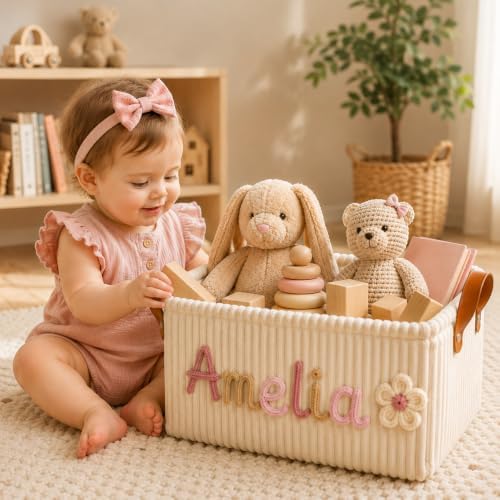 KALOTOYS Personalized Baby Basket with Custom Name, Knitted Corduroy Nursery Storage Basket, Monogrammed Diaper Caddy Organizer with Crochet Icons, Baby Shower Newborn Baptism Gift for Baby Boy Girl