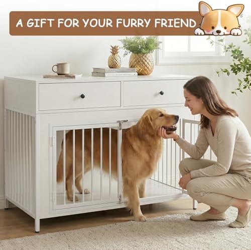 2 Pcs Large Dog Kennel Furniture with 2 Drawers, Wooden Dog Crate, White | 44 inch dog crate furniture with storage, decorate end table, dog cage for small medium large dogs