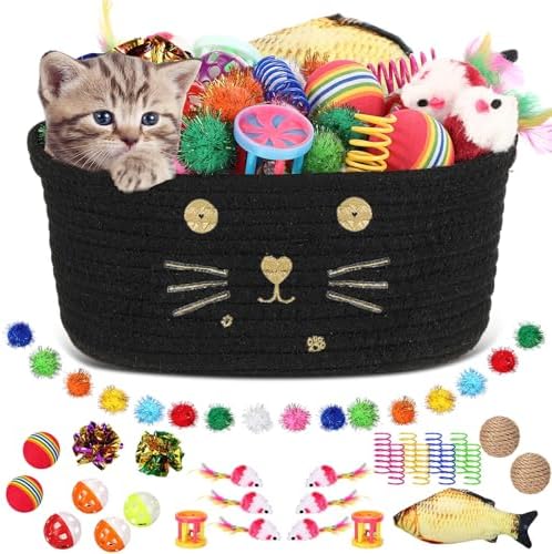 Zopeal 58 Pcs Summer Cat Storage Basket Gift Toys Set, Colorful Flashing Balls Pet Bell Crinkle Balls Spring Toys Attract Cat to Swat, Hunt, Interactive for Pet(Black,9.8 Inch)