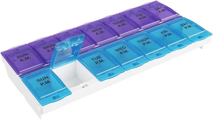 Ezy Dose Weekly (7-Day) AM/PM Pill Organizer, 2XL Planner, Color May Vary | Daily Medicine, Vitamin & Supplement Case, 2 Times a Day Pop-Up Compartments, Arthritis-Friendly, Travel-Friendly, BPA-Free