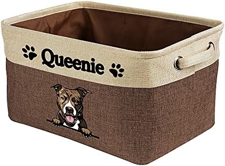 Personalized Fabric Dog Toy Storage Basket with Funny Dog Pit Bull Collapsible Sturdy Fabric Pet Toys Storage Bin Cube with Handles for Organizing, Brown and White