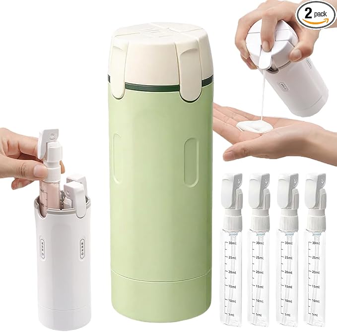4 In 1 Travel Dispenser Bottle,With 4 Pack 30ml Travel Bottles,Refillable & Leak Proof Portable Toiletry Containers With Scale Label,For Shampoo Lotion Conditioner Soap Cream (GREEN)