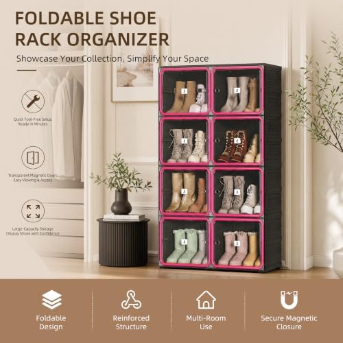 Shoe Rack Organizer, Shoe Storage Cabinet, Black 4-Tier 16-Pair | Foldable Shoe Rack for Closet with Transparent Magnetic Doors, Tool-Free Setup, Free Standing Boot Cabinet Box