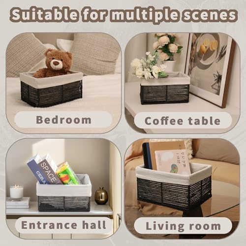 GYASVWU Hand-Woven Paper Rope Storage Baskets,Rectangular Wicker Baskets for Organizing,Decorative Woven Basket for Storage,Shelf Basket for Living Room,Storage Baskets for Pantry (Black - Large)