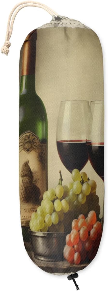 Vintage Wine Grapes Plastic Bag Holder Red Wine Grocery Bag Storage Dispenser Washable Hanging Shopping Bags Carrier Reusable Wall Mount Trash Bag Organizer for Kitchen Pantry