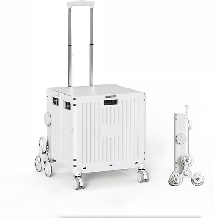 Collapsible Wheeled Crate with Lid,Folding Utility Cart Portable Rolling Crate Handcart,asket on 4 Rotate Wheels,Can Climb Stairs,Heavy Loads and Easy Storage White 40x43.5x101cm (Ladder Version)