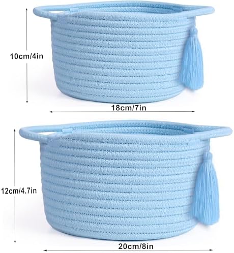 Small Gift Basket Empty to Fill, 2 Pack, Mini Woven Basket, Light Blue | Cute Decorative Mini Rope Storage Baskets with Cellophane Bags & Ribbons; Two Sizes for Gifting, Bathroom Counter or Desk