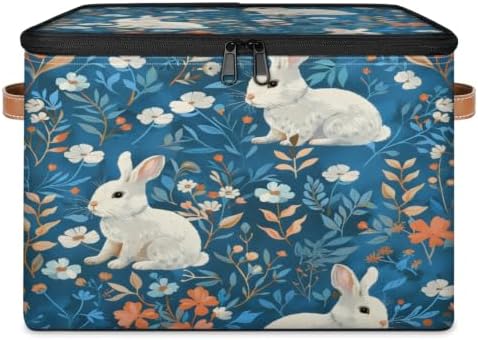 Rabbit Easter Storage Box with Zipper Lid | Collapsible, Fabric, Storage Bin, Handle, Large, Closet Organizer, Containers, Bedroom, Home, Spring Bunny Flowers