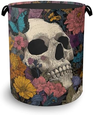 Skeleton Laundry Basket,Butterfly Flowers Oxford Cloth Laundry Hamper with Handle Foldable Portable Clothes Storage Basket for Bathroom Bedroom Dorm Room 16" x 20.8"