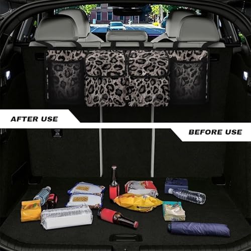 Dreaweet Grey Leopard Print Trunk Organizer for Car Back Seat Trunk Organizer Hanging Car Organizer Trunk Foldable Cargo Storage with 4 Pockets 3 Adjustable Straps