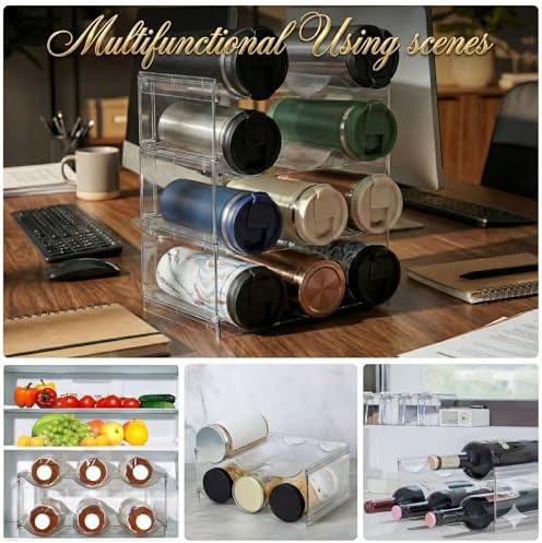 Stackable Water Bottle Organizer for Cabinet, Plastic Bottle Holder Designed for Starbucks Studded Tumblers up to 40oz, Plastic Cup Holder&Wine Rack for Pantry,Cupboard- 4 Layers Hold 12 Bottles