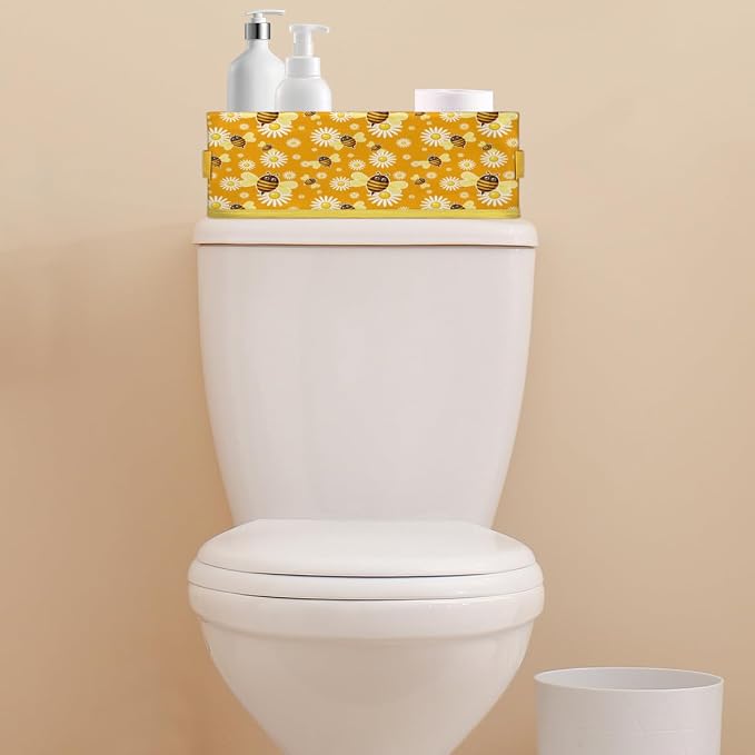 Bee Daisy Cartoon Bathroom Storage Basket, Foldable with Handle Open Countertop Paper Towel Decorative Box, Toilet Tank Top Shelf Baskets for Home Closet Bedroom Living Room Office