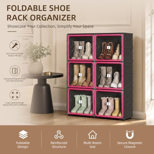 Shoe Rack Organizer, Shoe Storage Cabinet, Black 3-Tier 12-Pair | Foldable Shoe Rack for Closet with Transparent Magnetic Doors, Tool-Free Setup, Free Standing Boot Cabinet Box