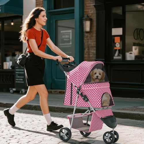 Foldable 3-Wheel Pet Stroller for Dogs & Cats, Pink Polka Dots | Storage Basket & Cup Holder, Breathable Mesh Cover, Lightweight and Durable, for Small to Medium Pets, up to 33 lbs