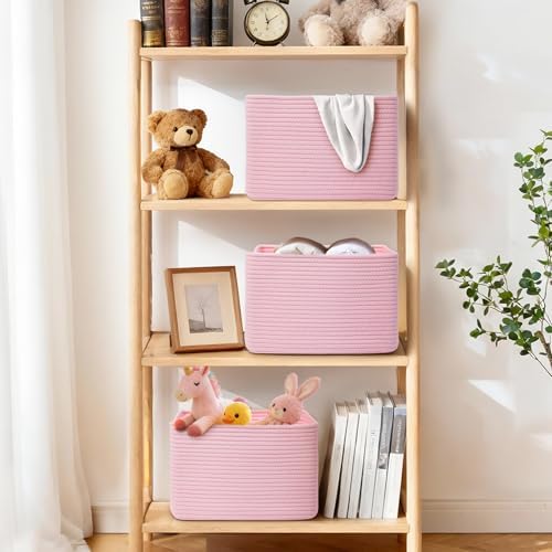 Storage Baskets for Organizing, 4 Pack Baskets for Shelves, Decorative Storage Bins for Shelves, Cotton Rope Storage Basket with Handles, Woven Basket for Storage, 13''Lx8.7''Wx7.9''H, Pink