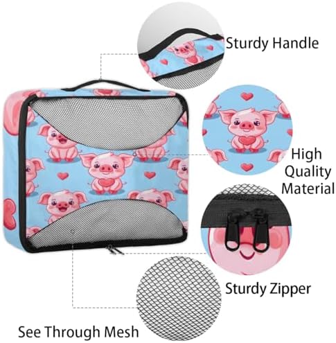 Kawaii Pig 4 Set Packing Cubes Luggage Organizer Bags for Travel Accessories and Essentials, Cartoon Pig